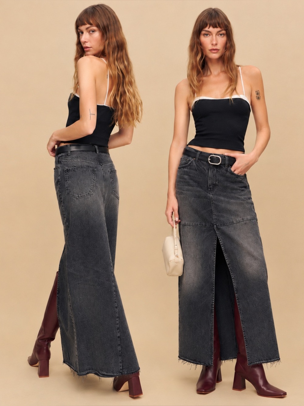 Reformation Tazz Maxi Denim Maxi Skirt Size 26 NWT Dark Gray Liman Front Slit